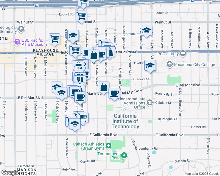 map of restaurants, bars, coffee shops, grocery stores, and more near 1127 East Del Mar Boulevard in Pasadena