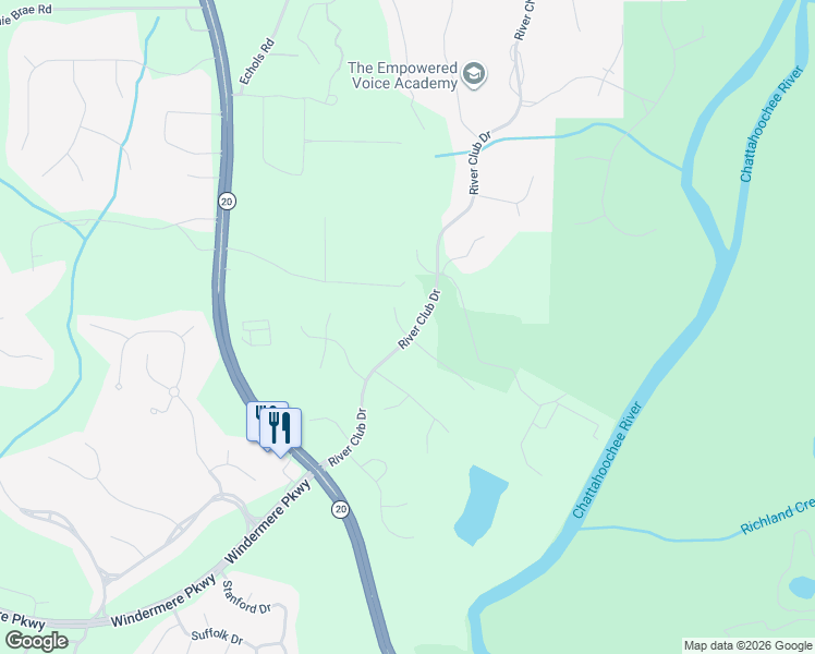 map of restaurants, bars, coffee shops, grocery stores, and more near 3510 Silver Vista Court in Cumming