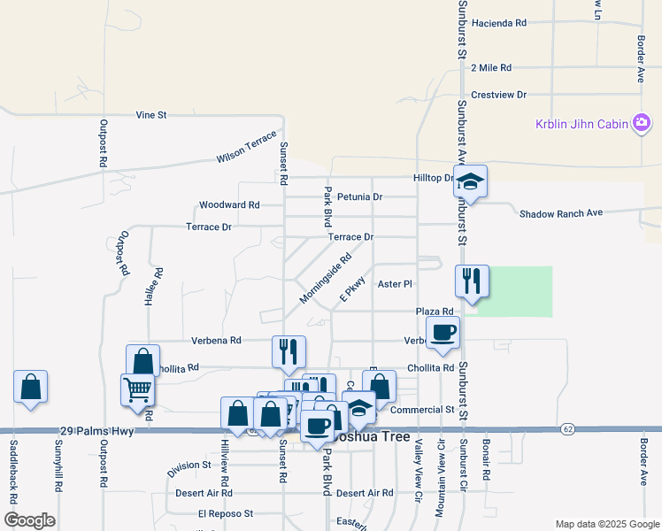 map of restaurants, bars, coffee shops, grocery stores, and more near 6144 Morningside Road in Joshua Tree