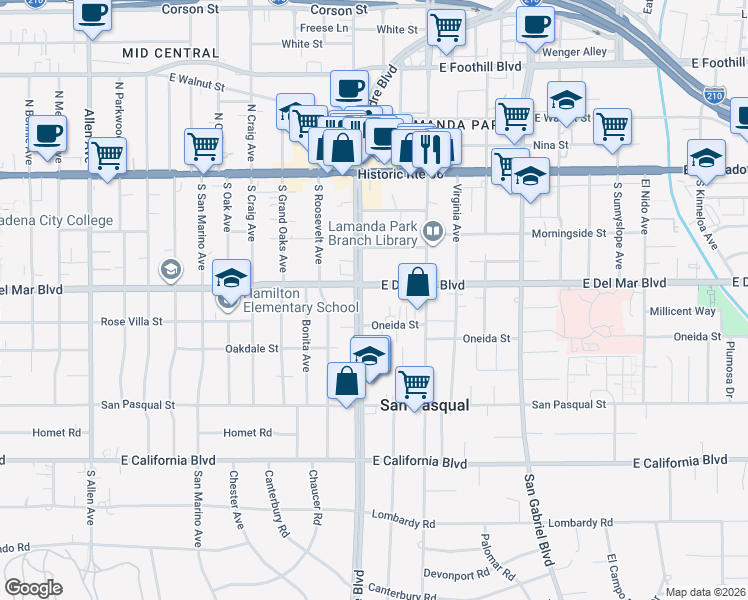 map of restaurants, bars, coffee shops, grocery stores, and more near 2386 East Del Mar Boulevard in Pasadena