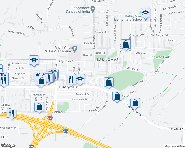 map of restaurants, bars, coffee shops, grocery stores, and more near 898 Swiss Trails Road in Duarte