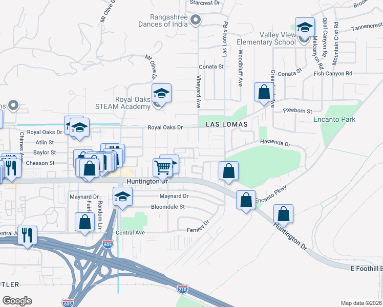 map of restaurants, bars, coffee shops, grocery stores, and more near 930 Swiss Trails Road in Duarte