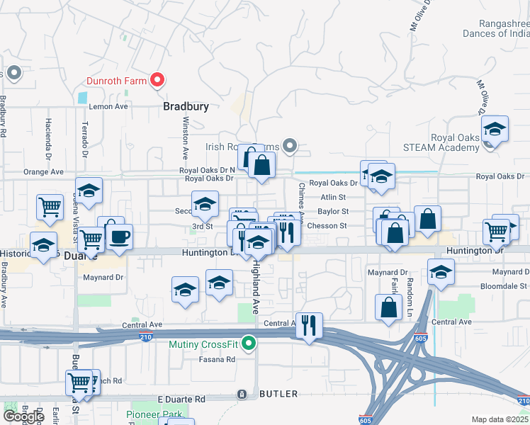 map of restaurants, bars, coffee shops, grocery stores, and more near 1812 Second Street in Duarte