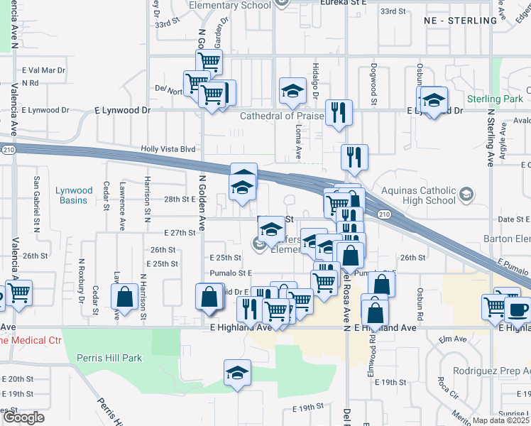 map of restaurants, bars, coffee shops, grocery stores, and more near 1374 East Date Street in San Bernardino