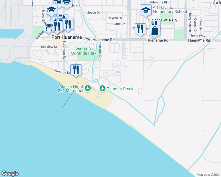 map of restaurants, bars, coffee shops, grocery stores, and more near 733 Reef Circle in Port Hueneme
