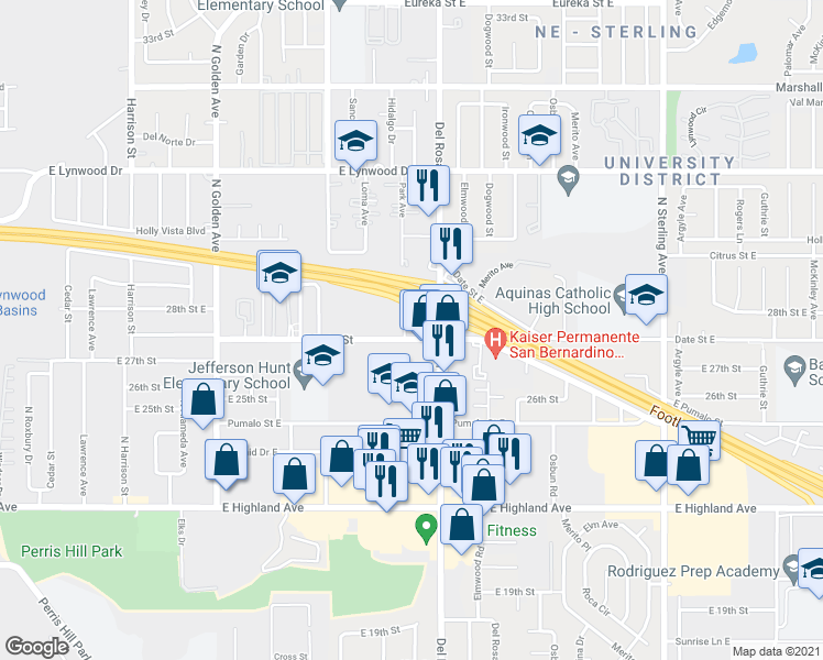 map of restaurants, bars, coffee shops, grocery stores, and more near 1560 East Date Street in San Bernardino