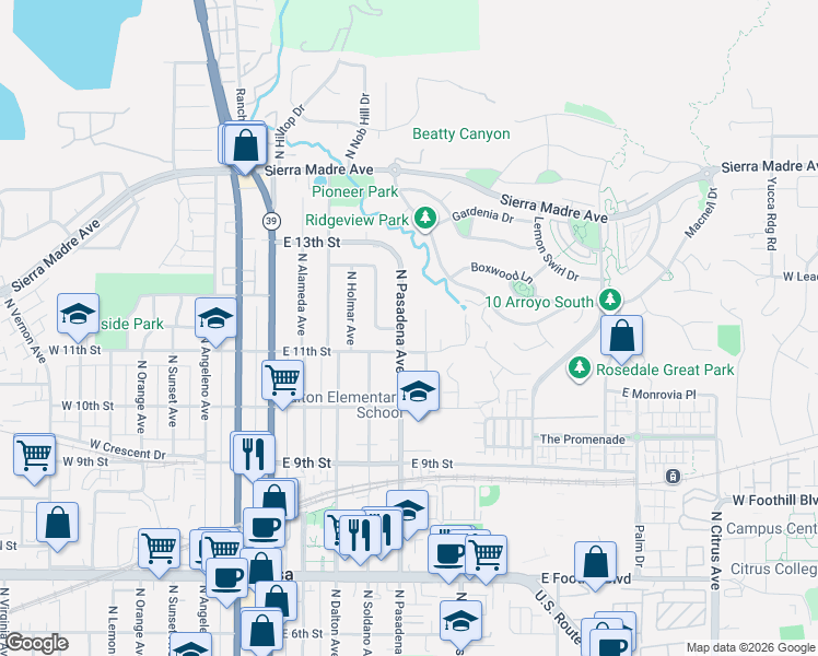 map of restaurants, bars, coffee shops, grocery stores, and more near 1111 North Old Mill Road in Azusa