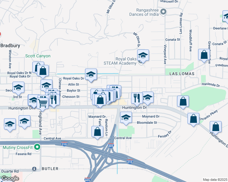 map of restaurants, bars, coffee shops, grocery stores, and more near 856 Random Lane in Duarte