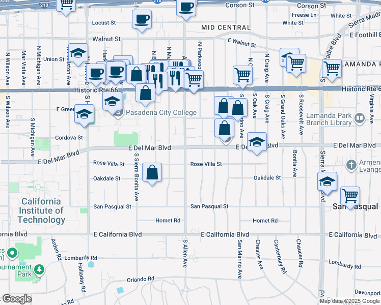 map of restaurants, bars, coffee shops, grocery stores, and more near in Pasadena