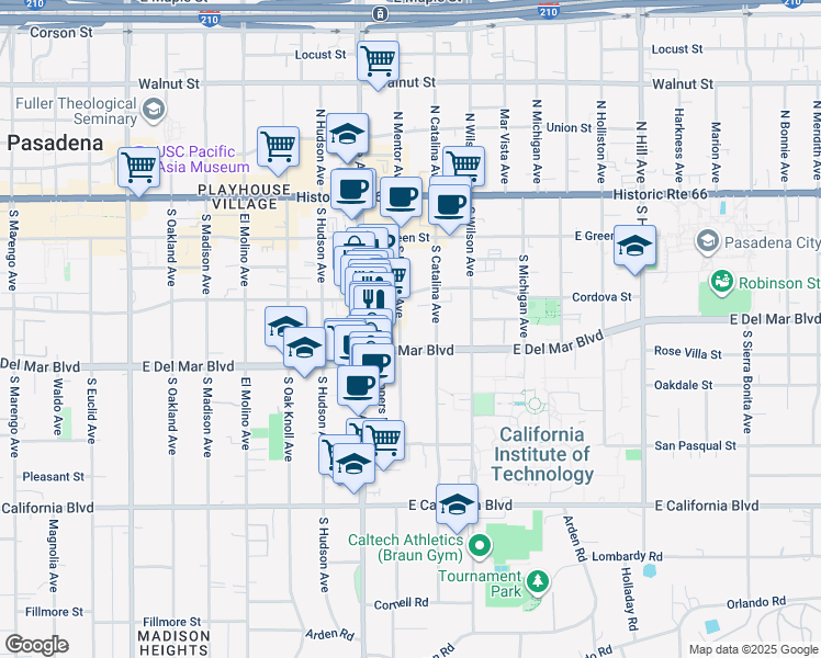 map of restaurants, bars, coffee shops, grocery stores, and more near 256 Shoppers Lane in Pasadena