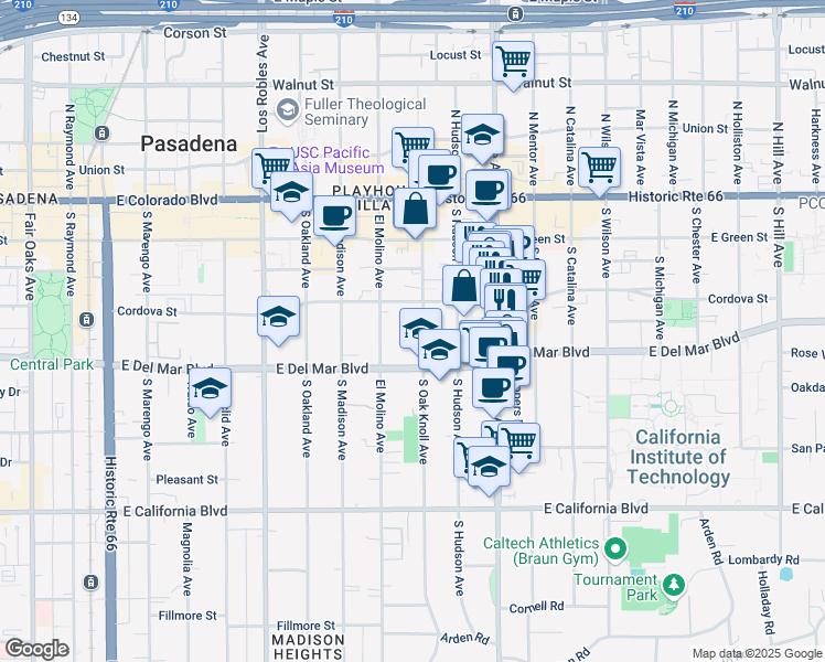map of restaurants, bars, coffee shops, grocery stores, and more near 255 South Oak Knoll Avenue in Pasadena