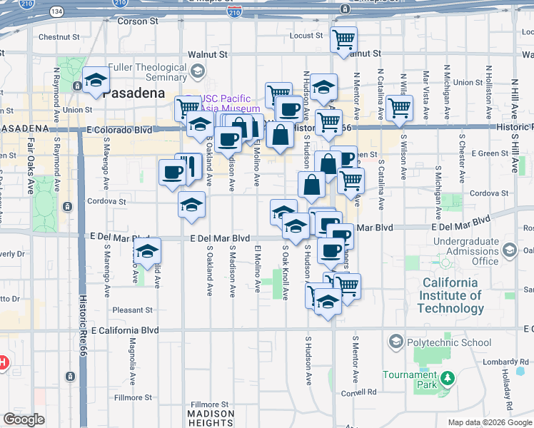map of restaurants, bars, coffee shops, grocery stores, and more near in Pasadena