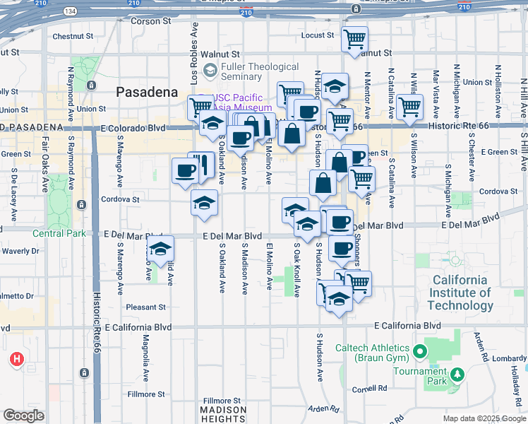 map of restaurants, bars, coffee shops, grocery stores, and more near in Pasadena