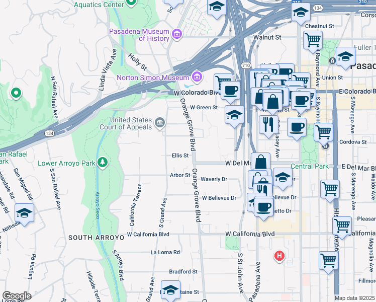 map of restaurants, bars, coffee shops, grocery stores, and more near 230 Orange Grove Boulevard in Pasadena