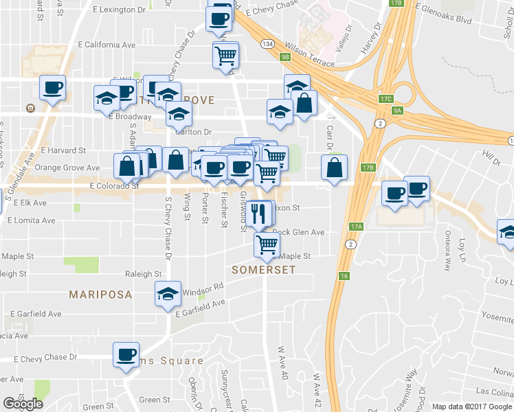 map of restaurants, bars, coffee shops, grocery stores, and more near 406 Griswold Street in Glendale
