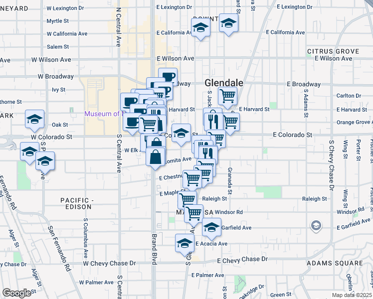 map of restaurants, bars, coffee shops, grocery stores, and more near 400 South Louise Street in Glendale