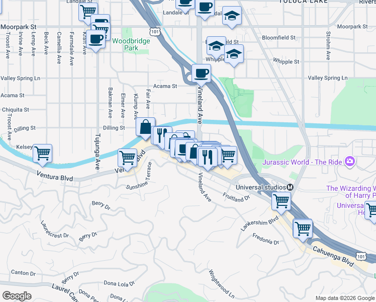 map of restaurants, bars, coffee shops, grocery stores, and more near 4040 Arch Drive in Los Angeles