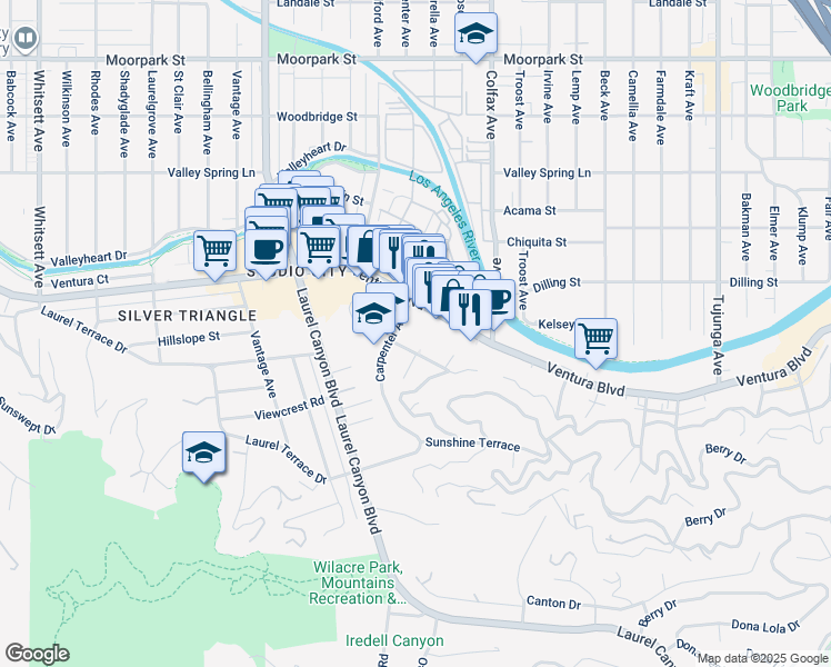 map of restaurants, bars, coffee shops, grocery stores, and more near 11847 Laurelwood Drive in Los Angeles