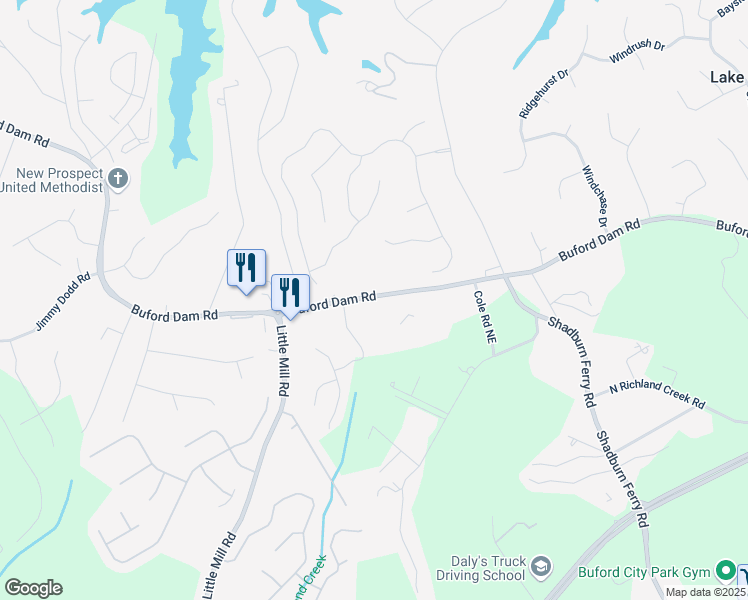 map of restaurants, bars, coffee shops, grocery stores, and more near 2255 Buford Dam Road in Buford