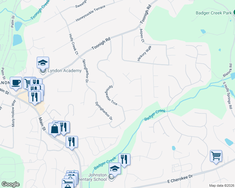 map of restaurants, bars, coffee shops, grocery stores, and more near 164 Springwater Trail in Woodstock