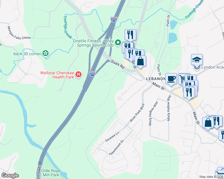 map of restaurants, bars, coffee shops, grocery stores, and more near 648 North Rope Mill Road in Woodstock