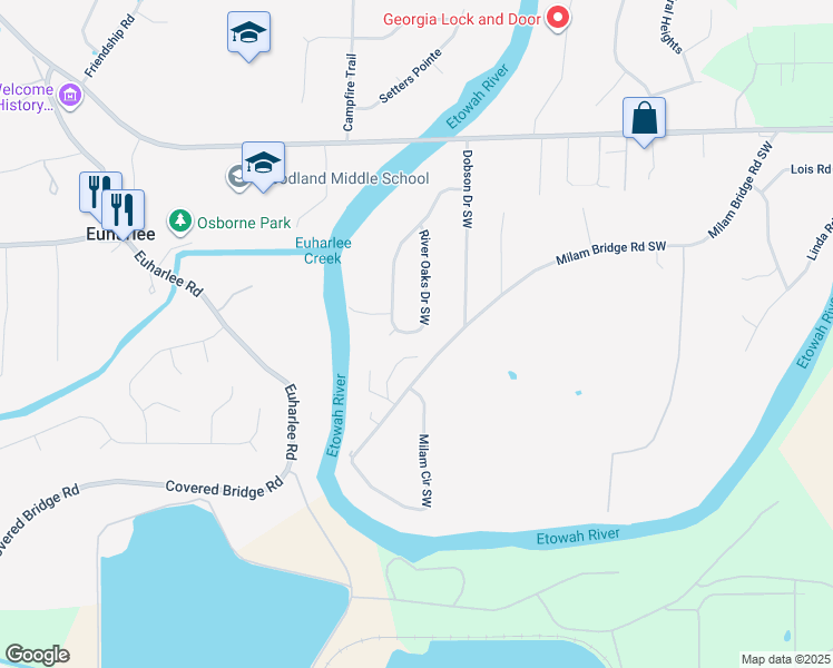map of restaurants, bars, coffee shops, grocery stores, and more near 260 Milam Bridge Road Southwest in Euharlee