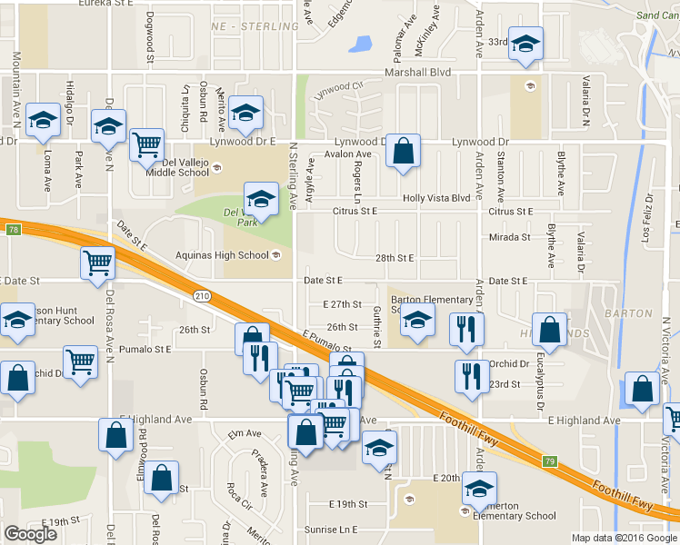map of restaurants, bars, coffee shops, grocery stores, and more near 25800 Date Street East in San Bernardino