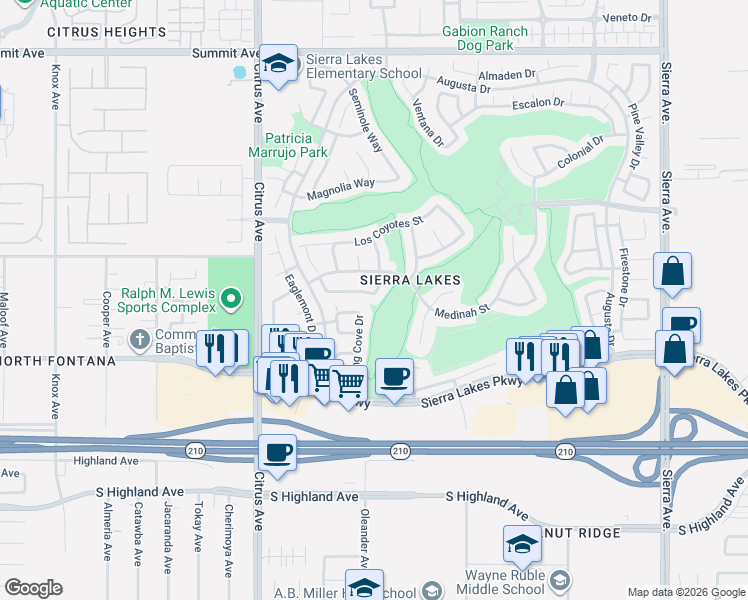 map of restaurants, bars, coffee shops, grocery stores, and more near 16327 Yorba Linda Lane in Fontana