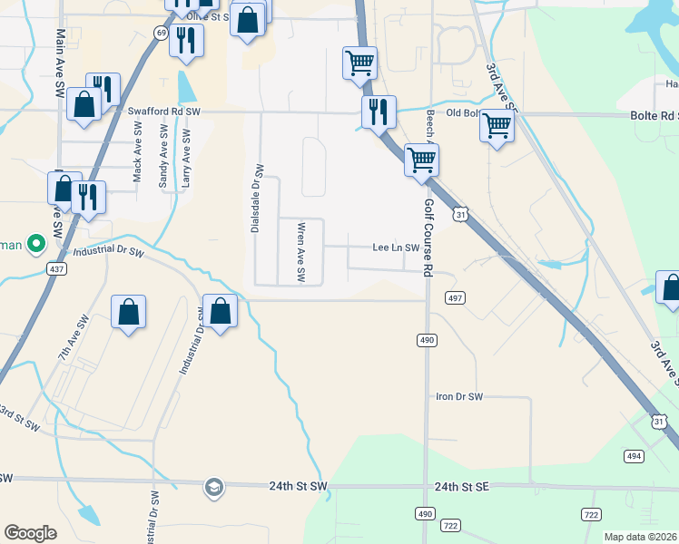 map of restaurants, bars, coffee shops, grocery stores, and more near 211 County Road 497 in Cullman