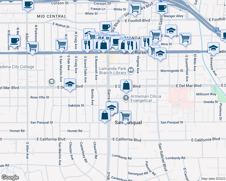 map of restaurants, bars, coffee shops, grocery stores, and more near 2386 East Del Mar Boulevard in Pasadena