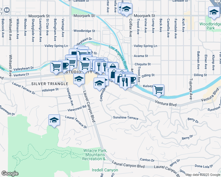 map of restaurants, bars, coffee shops, grocery stores, and more near 11851 Laurelwood Drive in Los Angeles