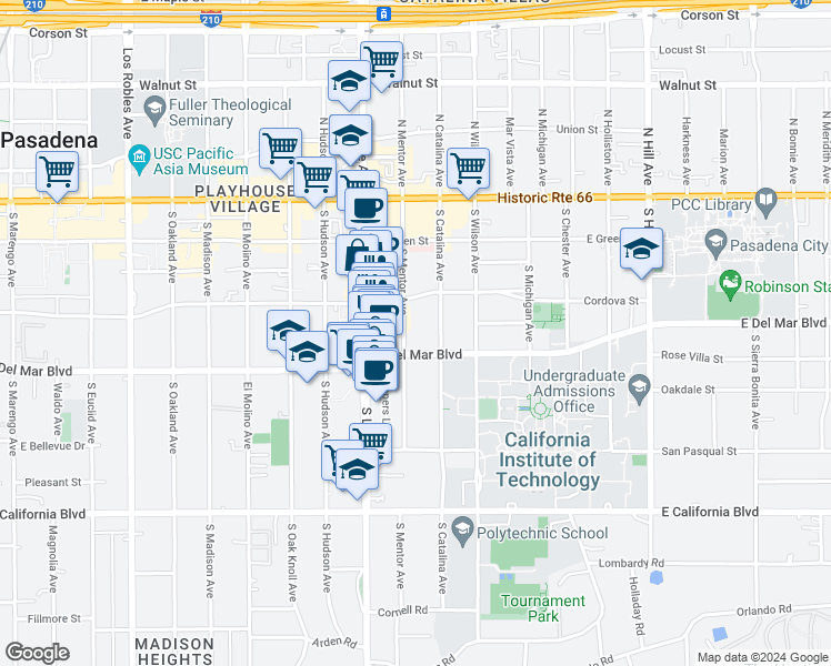 map of restaurants, bars, coffee shops, grocery stores, and more near 256 Shoppers Lane in Pasadena