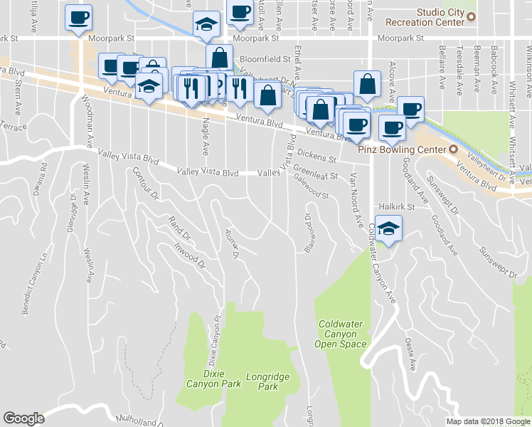 map of restaurants, bars, coffee shops, grocery stores, and more near 3920 Longridge Avenue in Los Angeles
