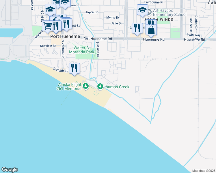 map of restaurants, bars, coffee shops, grocery stores, and more near 733 Reef Circle in Port Hueneme