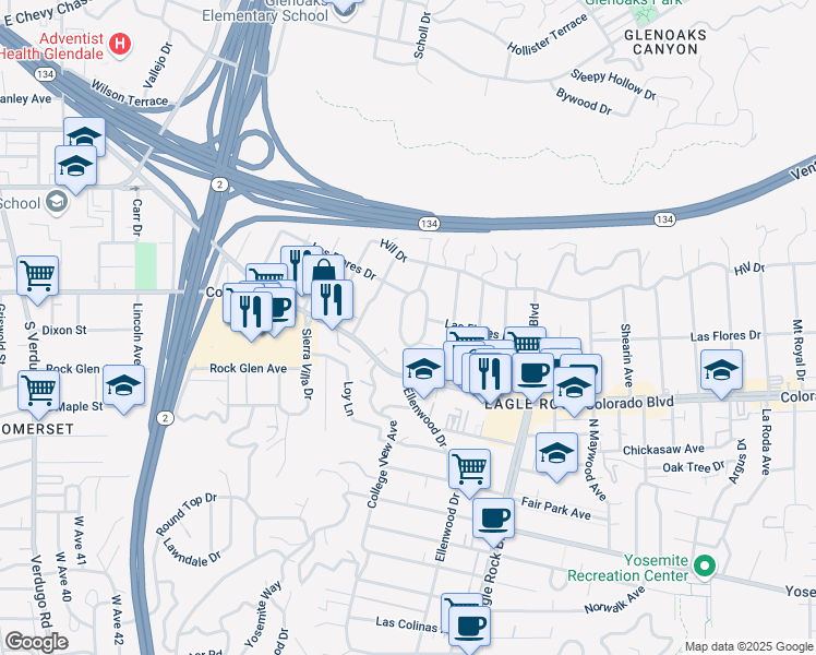 map of restaurants, bars, coffee shops, grocery stores, and more near 5154 Ellenwood Drive in Los Angeles