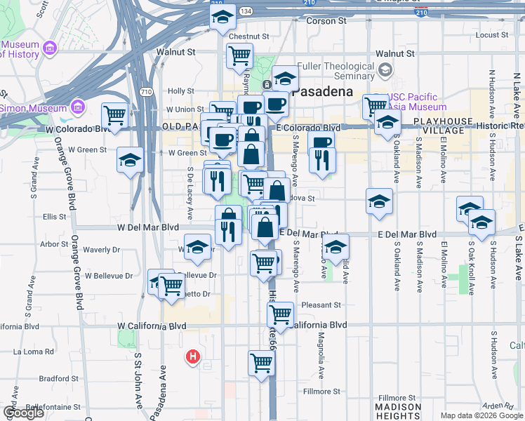 map of restaurants, bars, coffee shops, grocery stores, and more near 265 South Arroyo Parkway in Pasadena