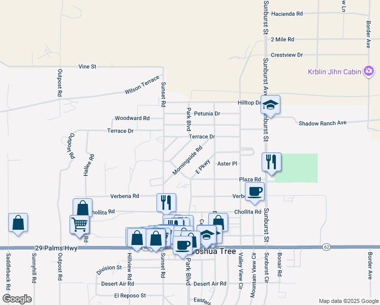 map of restaurants, bars, coffee shops, grocery stores, and more near 6144 Morningside Road in Joshua Tree