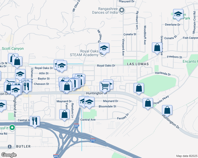 map of restaurants, bars, coffee shops, grocery stores, and more near 915 Edie Drive in Duarte