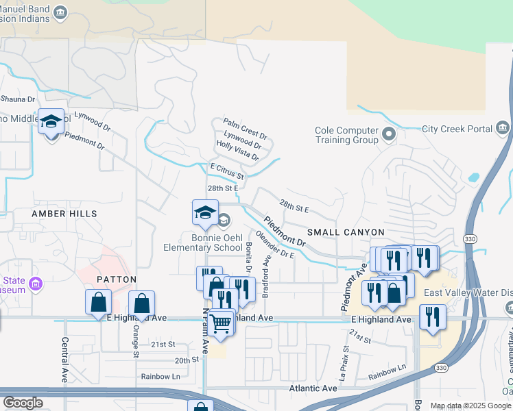 map of restaurants, bars, coffee shops, grocery stores, and more near 3740 Piedmont Drive in Highland