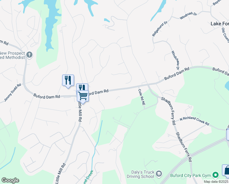 map of restaurants, bars, coffee shops, grocery stores, and more near 2255 Buford Dam Road in Buford