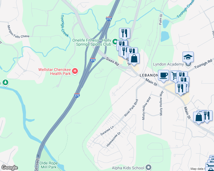 map of restaurants, bars, coffee shops, grocery stores, and more near 648 North Rope Mill Road in Woodstock
