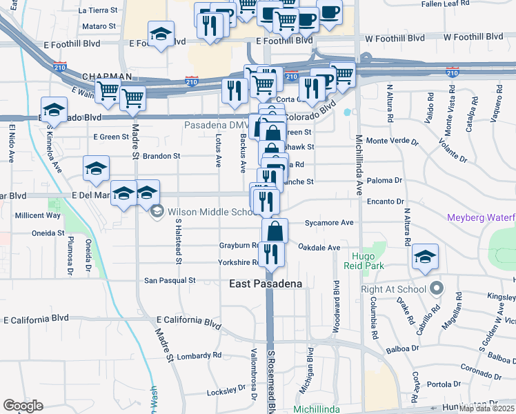 map of restaurants, bars, coffee shops, grocery stores, and more near 3681 Mountain View Avenue in Pasadena