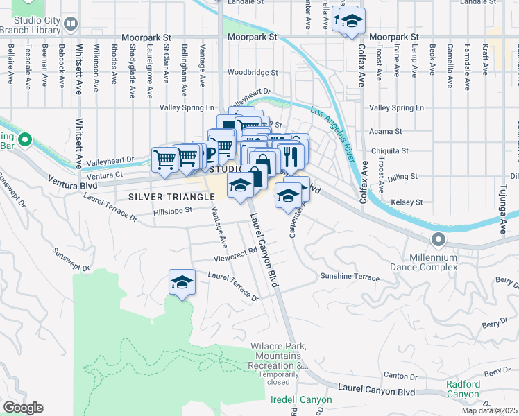 map of restaurants, bars, coffee shops, grocery stores, and more near 3912 Laurel Canyon Boulevard in Los Angeles