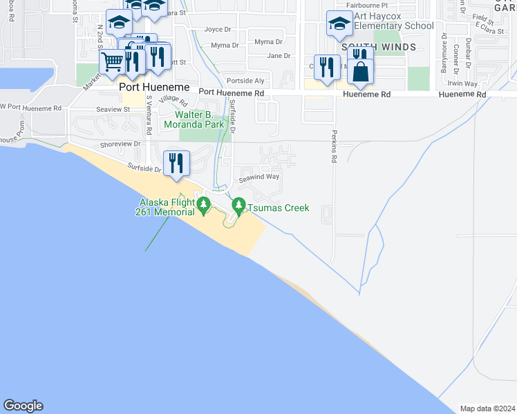 map of restaurants, bars, coffee shops, grocery stores, and more near 741 Reef Circle in Port Hueneme