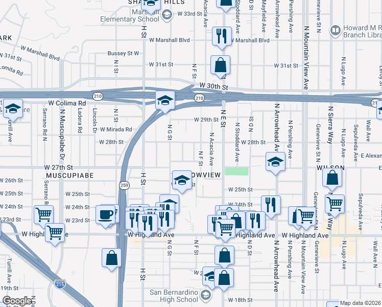 map of restaurants, bars, coffee shops, grocery stores, and more near 2756 North Louise Street in San Bernardino