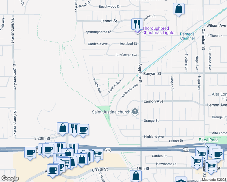 map of restaurants, bars, coffee shops, grocery stores, and more near 6232 Celestite Avenue in Rancho Cucamonga
