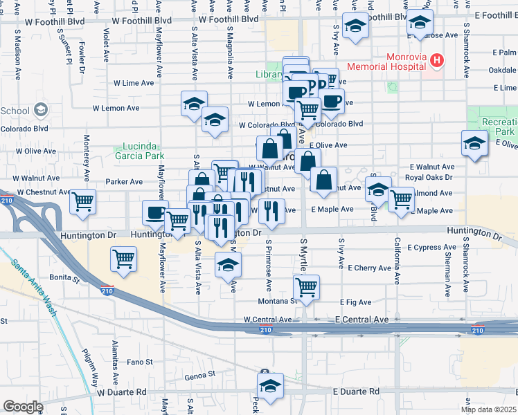 map of restaurants, bars, coffee shops, grocery stores, and more near 209 West Maple Avenue in Monrovia