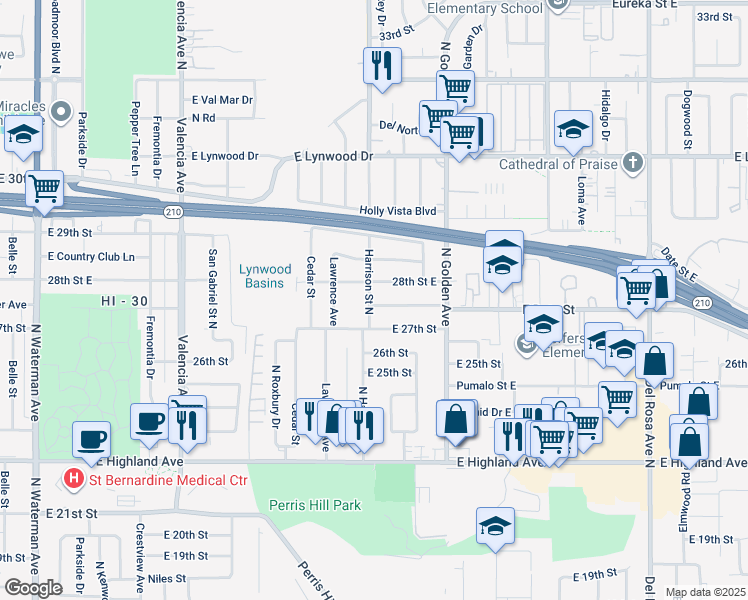 map of restaurants, bars, coffee shops, grocery stores, and more near 1106 East Alexander Avenue in San Bernardino