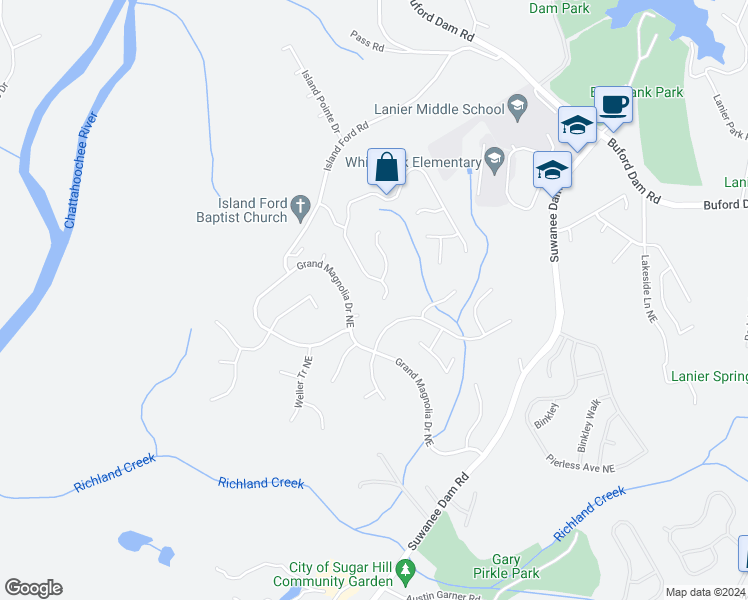 map of restaurants, bars, coffee shops, grocery stores, and more near 6610 River Island Circle in Buford