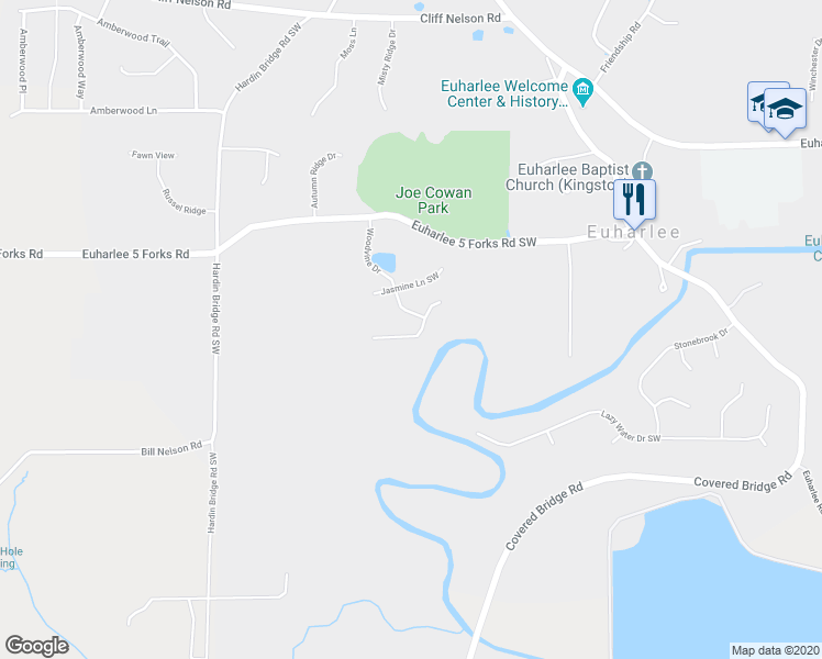 map of restaurants, bars, coffee shops, grocery stores, and more near 24 Wisteria Trail Southwest in Euharlee